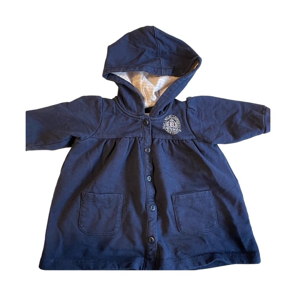 Ralph Lauren Blue Jacket Button Pocket Logo Lined Casual Hood Cotton Girls 9 mo
